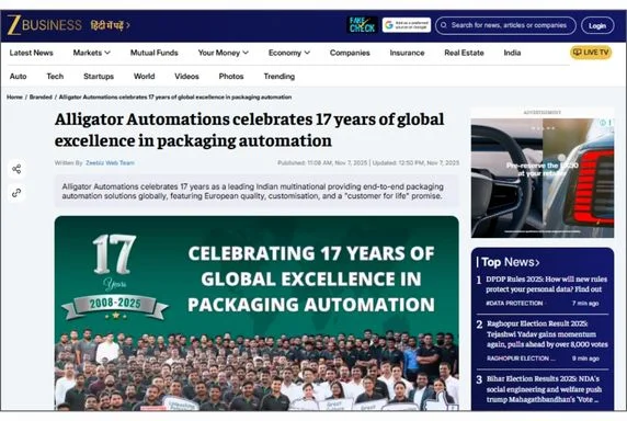 Alligator automations featured on zee business: celebrating 17 years of redefining packaging automation